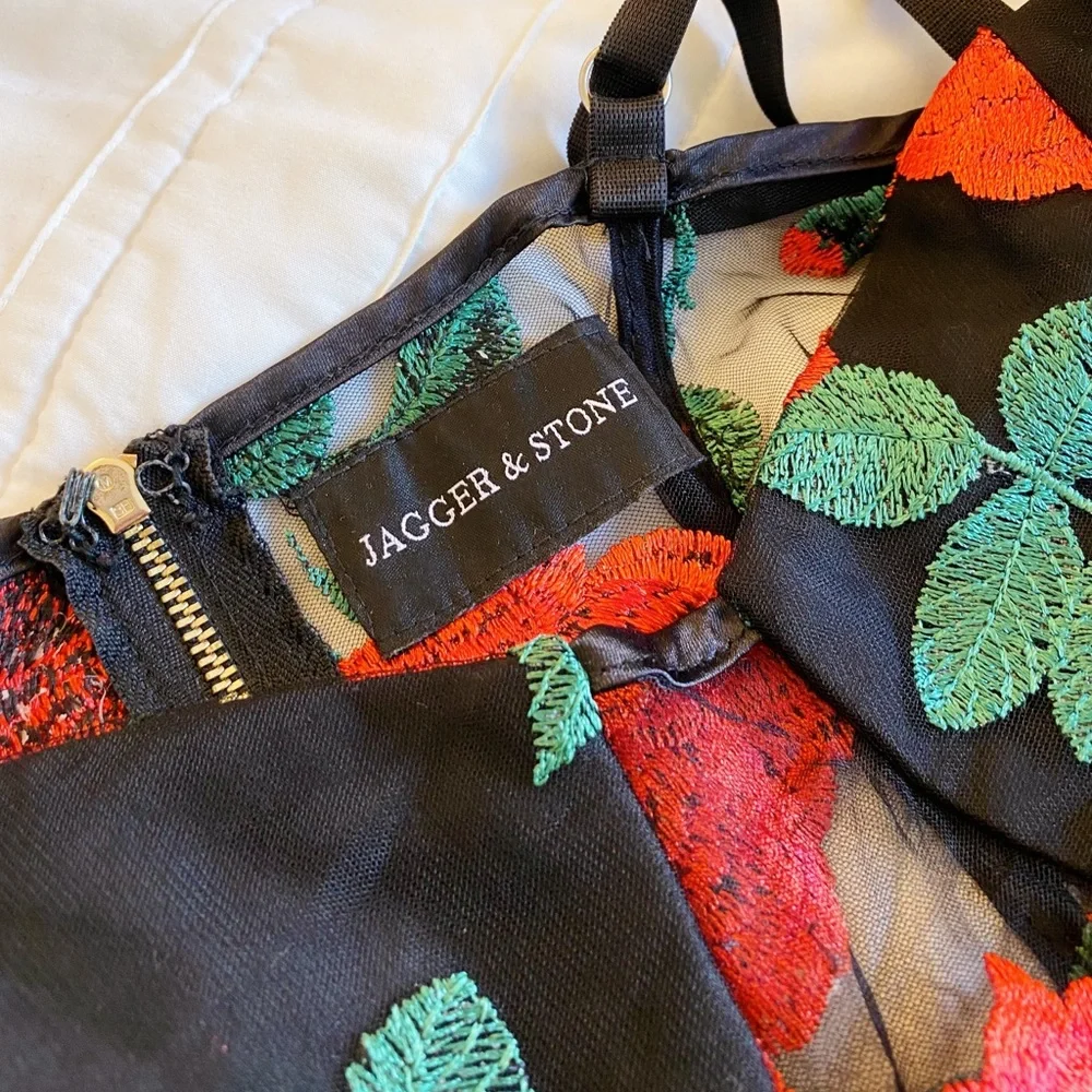 Floral Embroidered Black Mini Dress with Red Roses - Picture 3 of 7